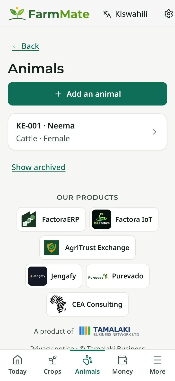 FarmMate app screenshot: Dairy