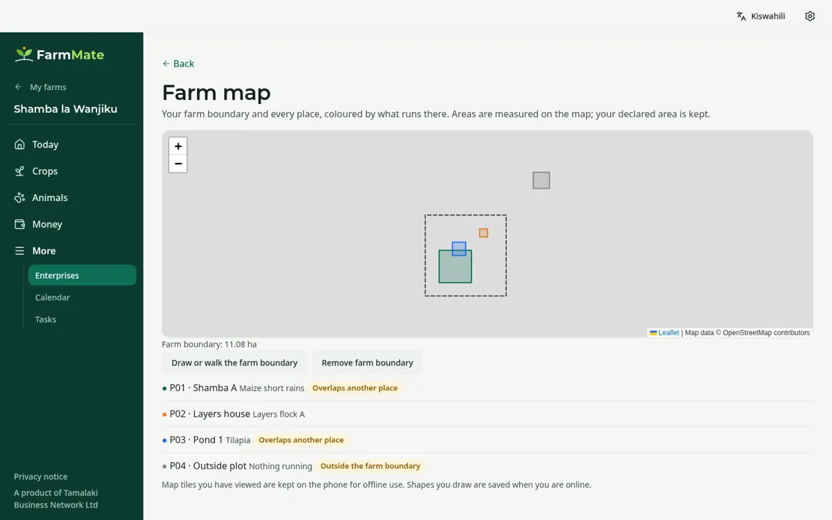 FarmMate app screenshot: farm map on desktop