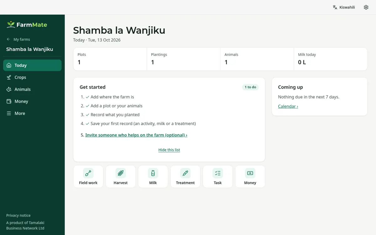 FarmMate app screenshot: Today screen