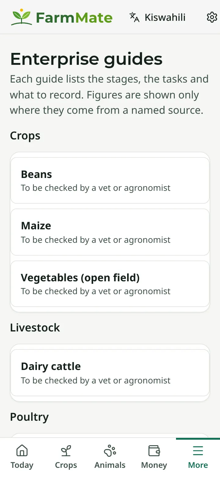 FarmMate app screenshot: Enterprise guides