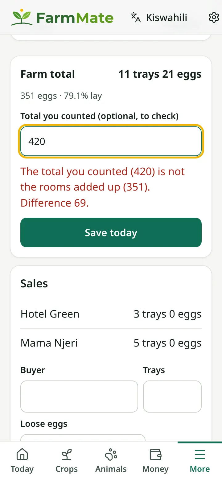 FarmMate app screenshot: Total mismatch warning