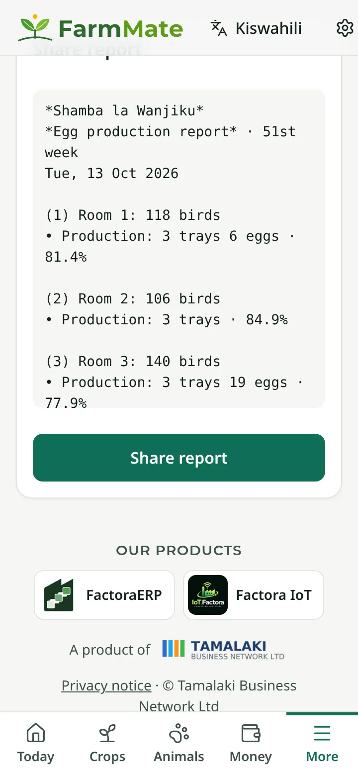 FarmMate app screenshot: Share report
